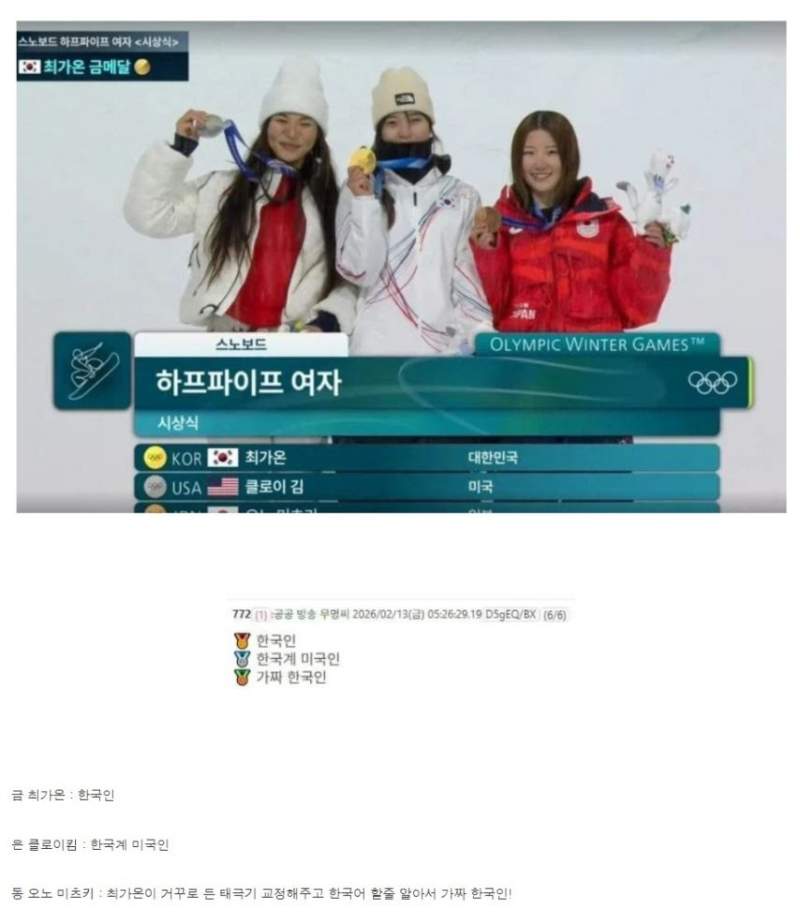 최가온 금메달 장면에 분노한 일본 넷우익