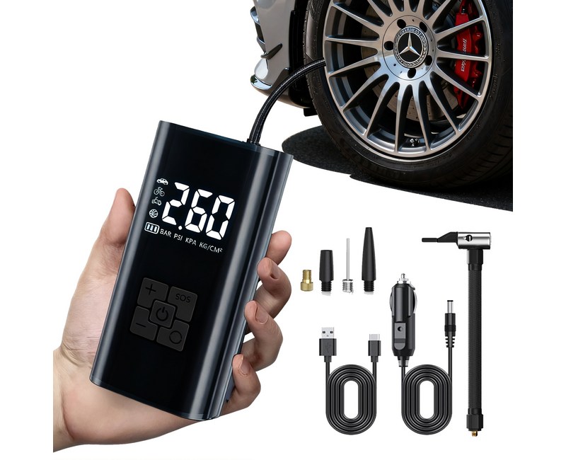타이어 공기압 주입기  휴대용 무선 올인원  세트 6000mAh  타이어 압력 모니터링/led손전등/보조배터리/자동차 농구공 자전거 오토바이 다용도에어펌프