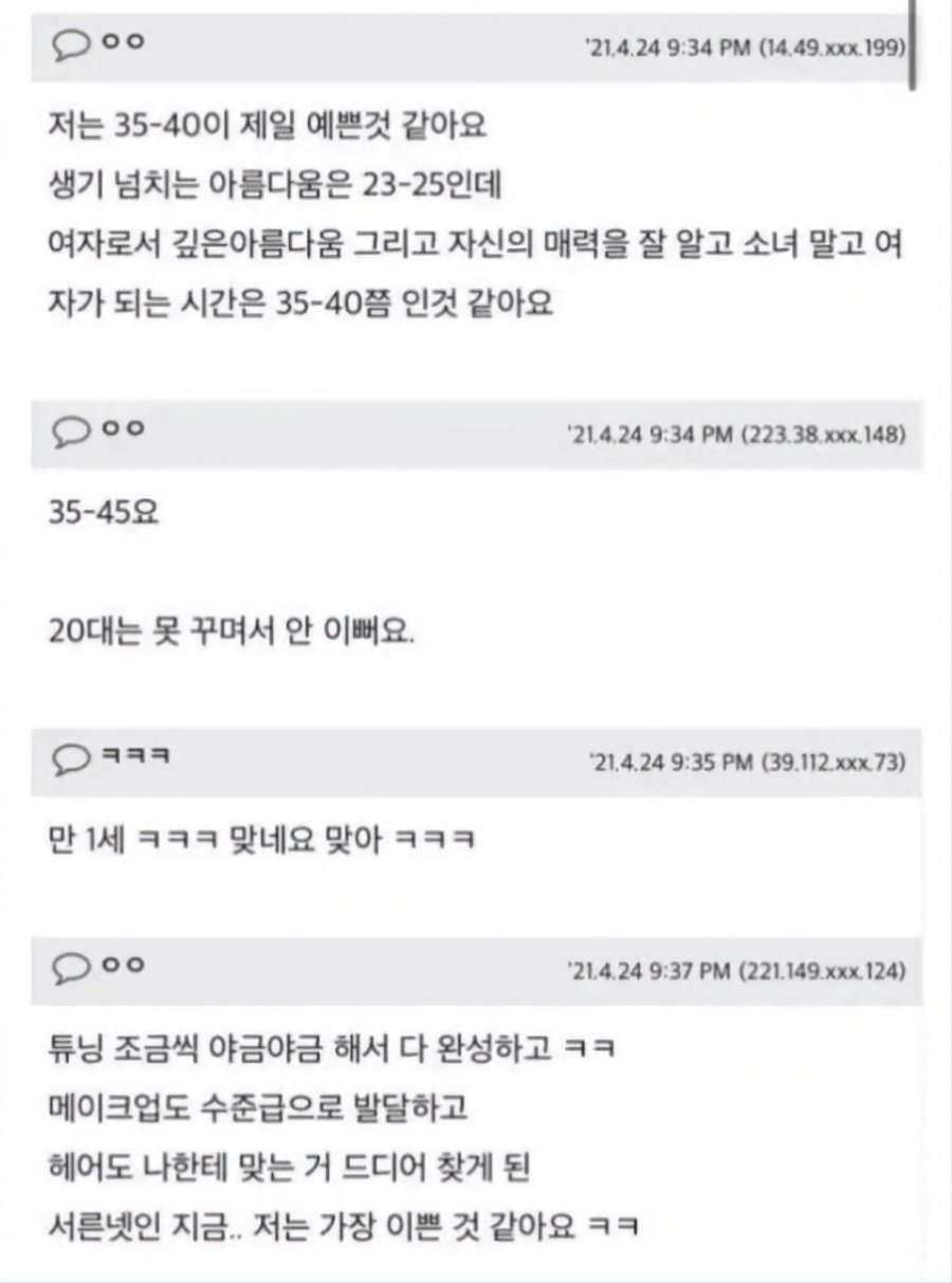 여자가 생각하는 여자가 제일 이쁜 나이