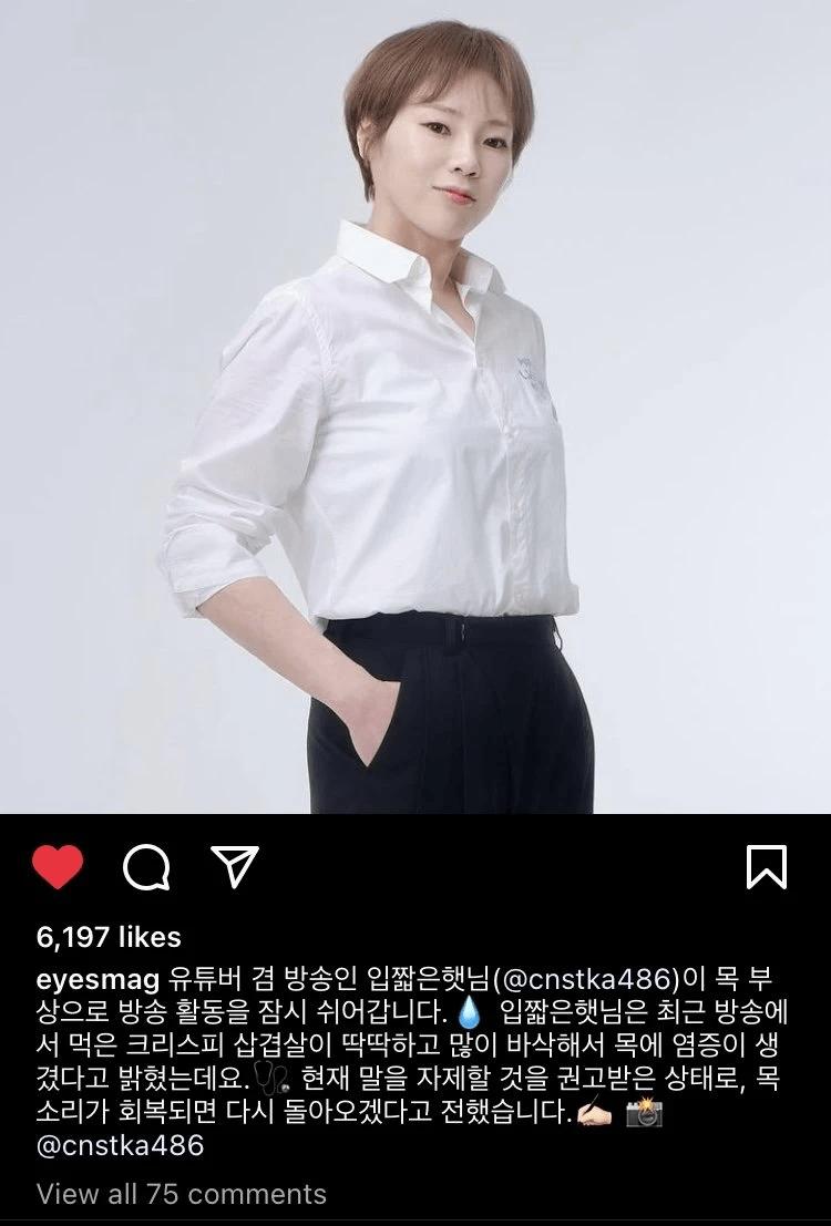 구독자 178만명 먹방 유튜버의 방송활동 중단 사유