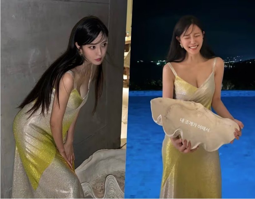 "내 조개가 어때서" 티아라 효민...금빛 드레스 아찔 가슴골