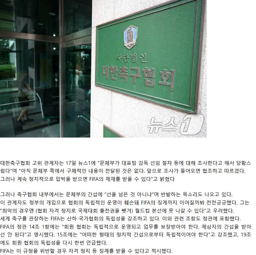 한국축구협회 " 정부 개입 과하면 월드컵 못 나갈 수 있다."