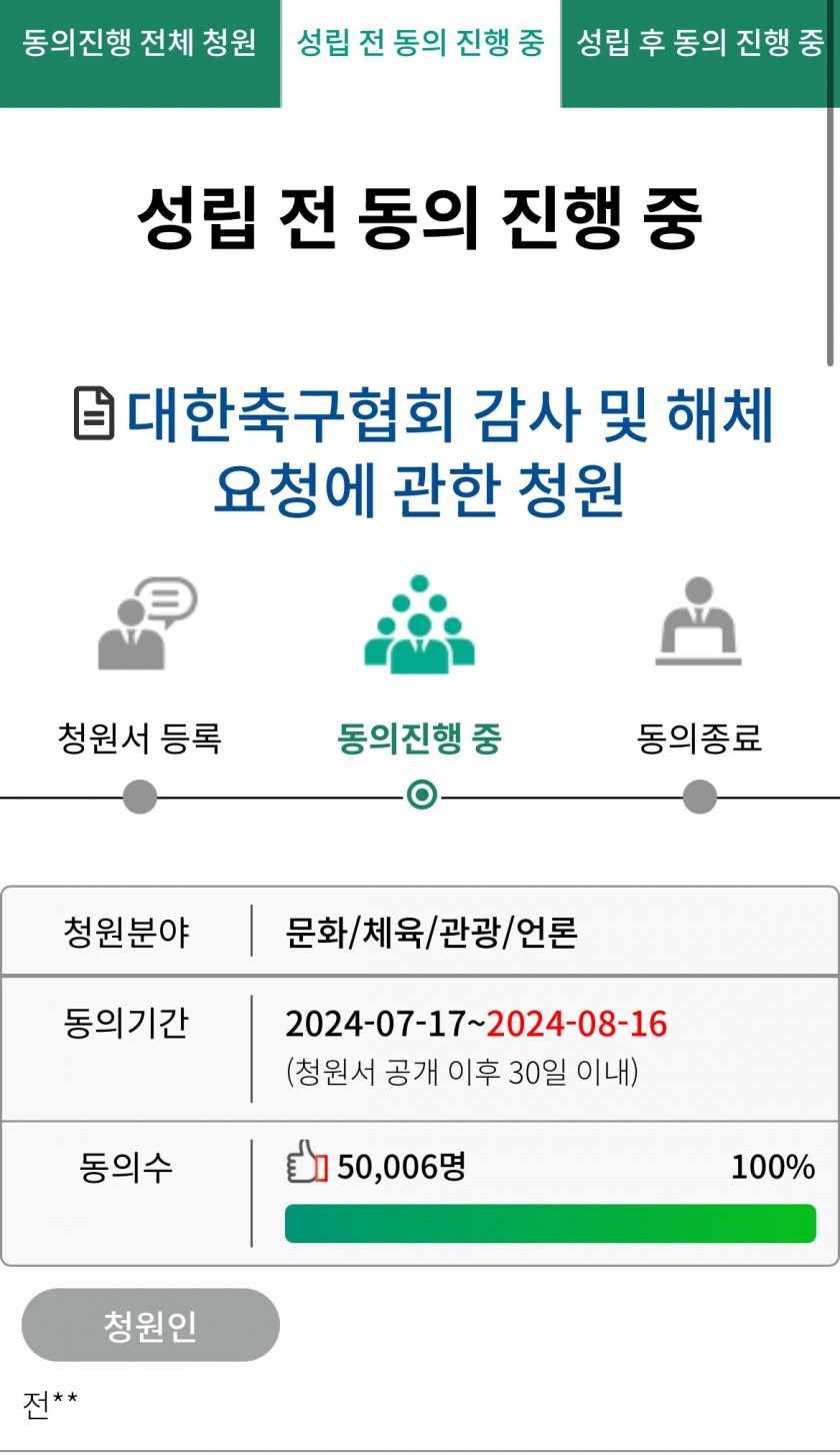 축구협회 감사 및 해체 요청 청원 5만명 달성