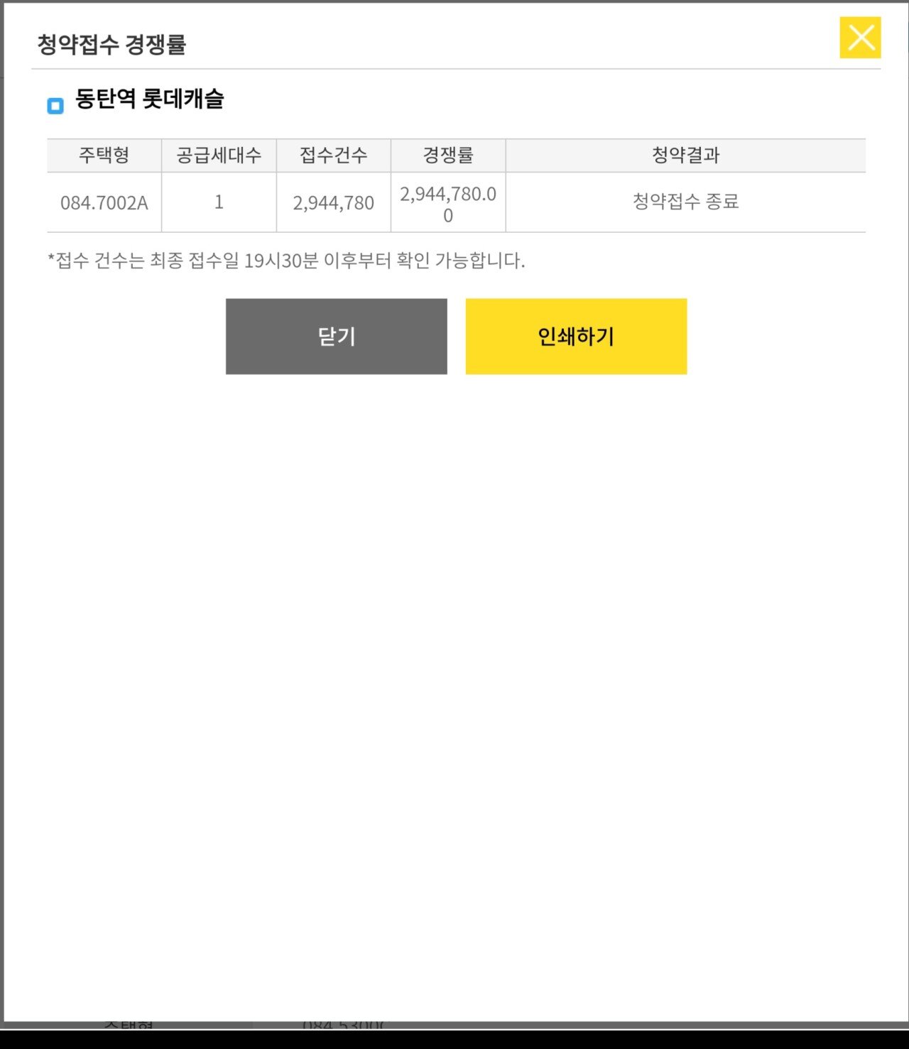 이번 동탄역 롯데캐슬 무순위 청약 결과