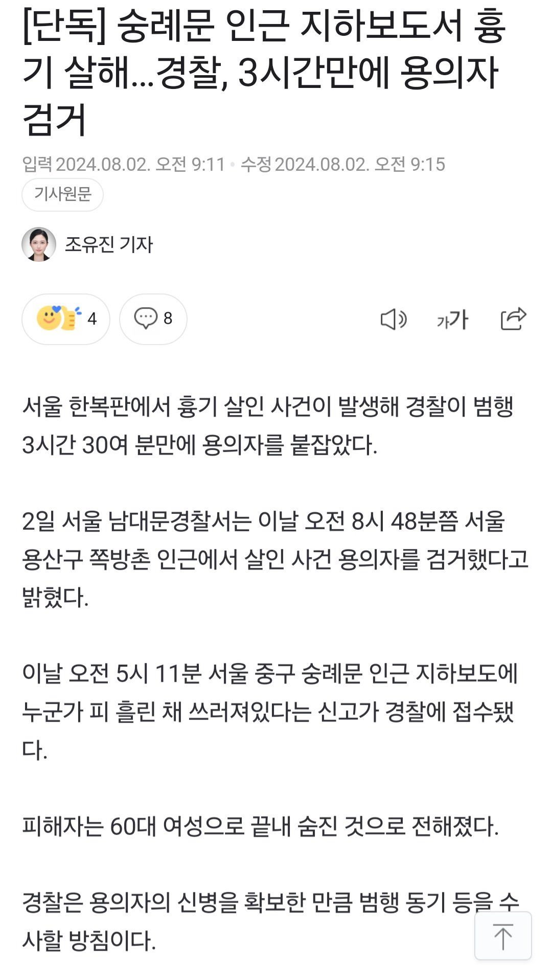 숭례문 인근 지하보도서 흉기 살해…경찰, 3시간만에 용의자 검거
