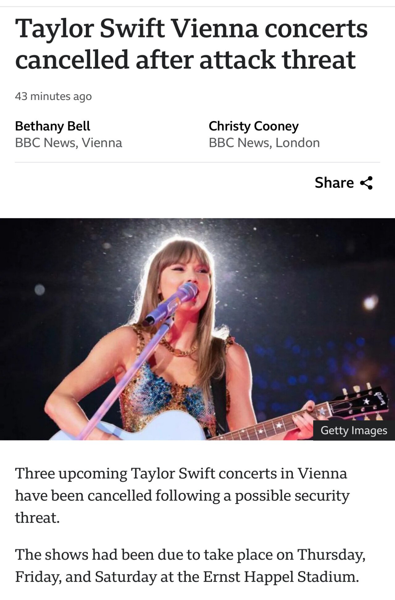 속보) 테일러 스위프트 비엔나 콘서트 전부 취소