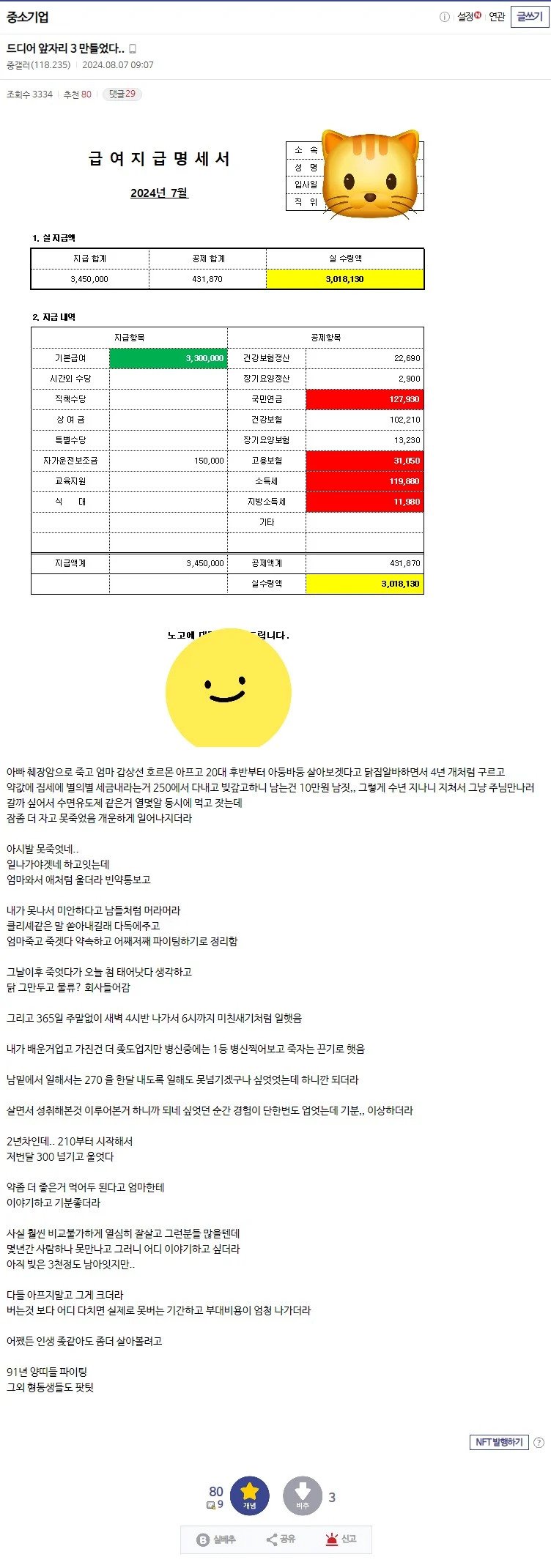 자살시도 했다가 월급 300 넘기고 울었다는 91년생