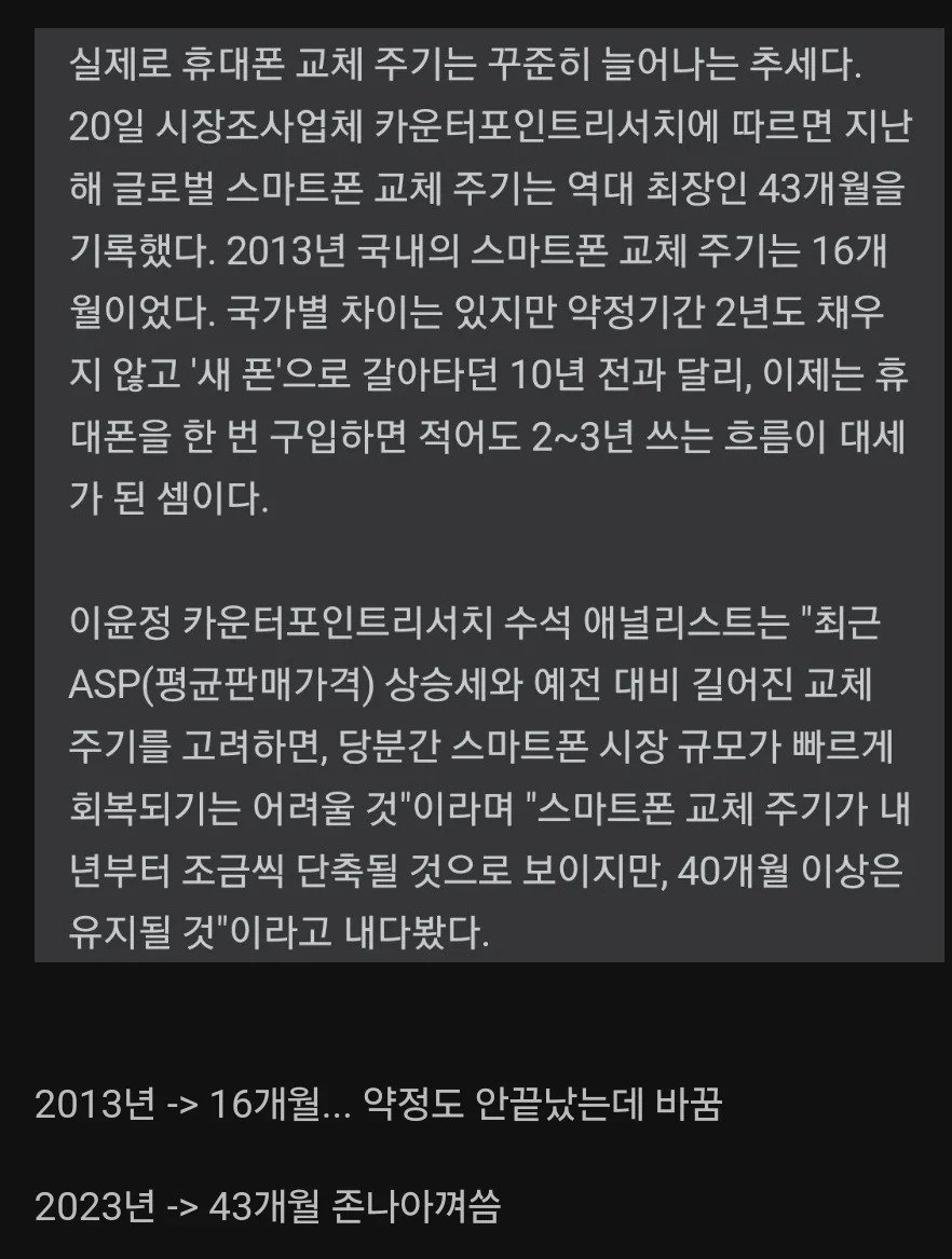 점점 길어진다는 핸드폰 교체주기