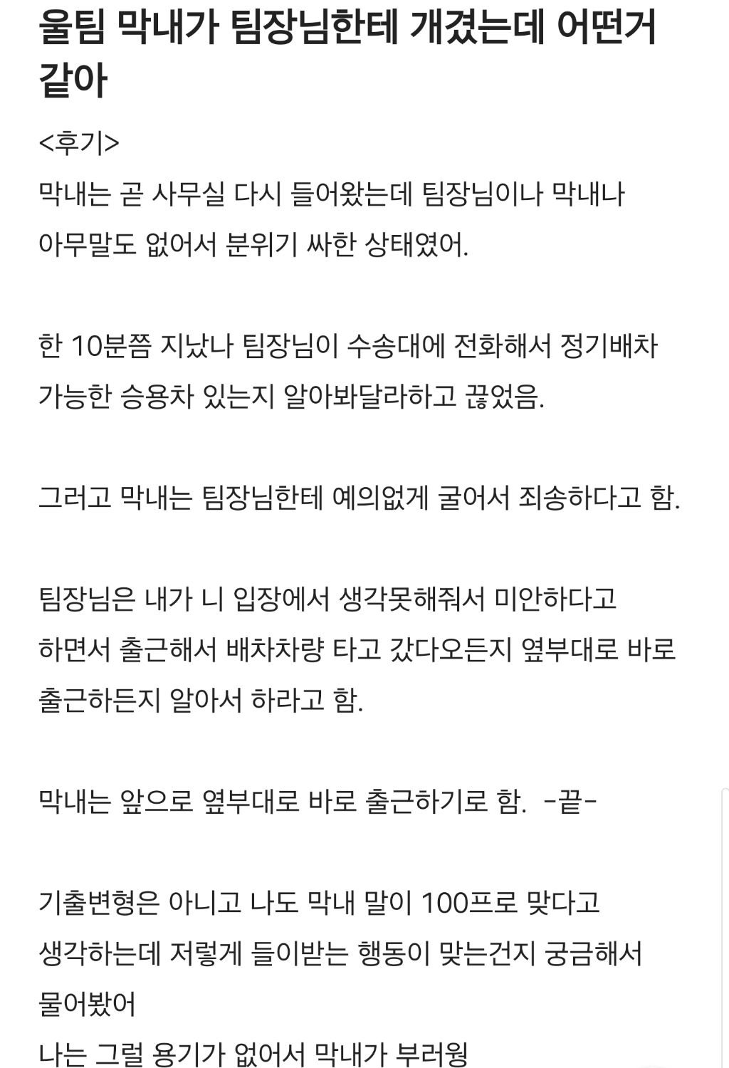 팀장한테 개긴 막내 후기
