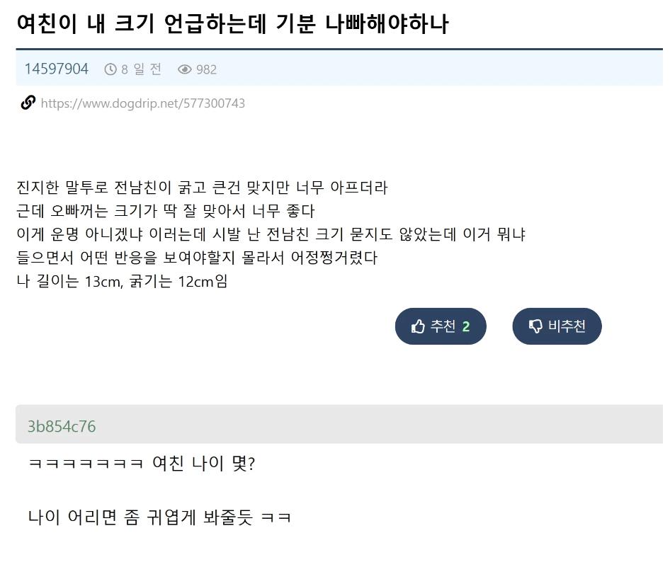 여친이 전 남친 ㄱㅊ크기 언급했다는 개드립 유저