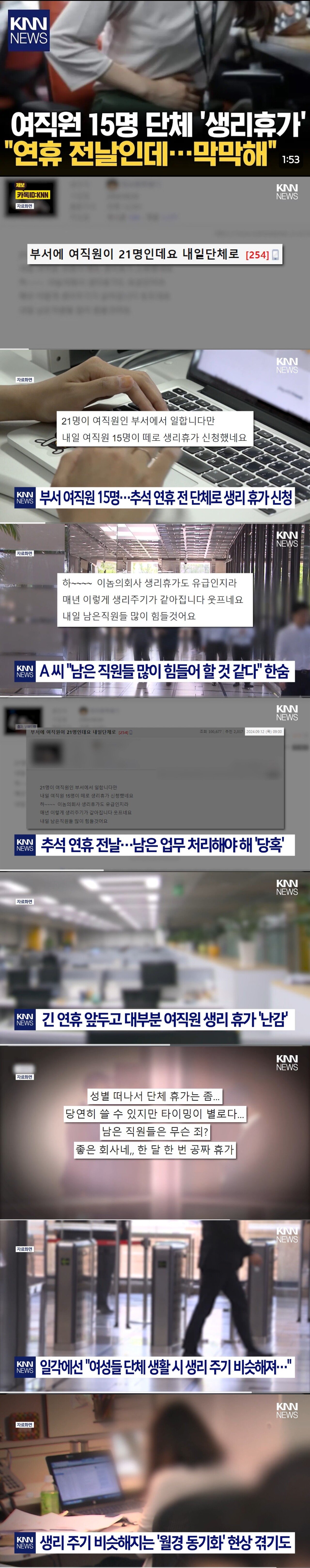 추석 연휴 전날에 여직원 15명이 생리휴가를 썼습니다.news