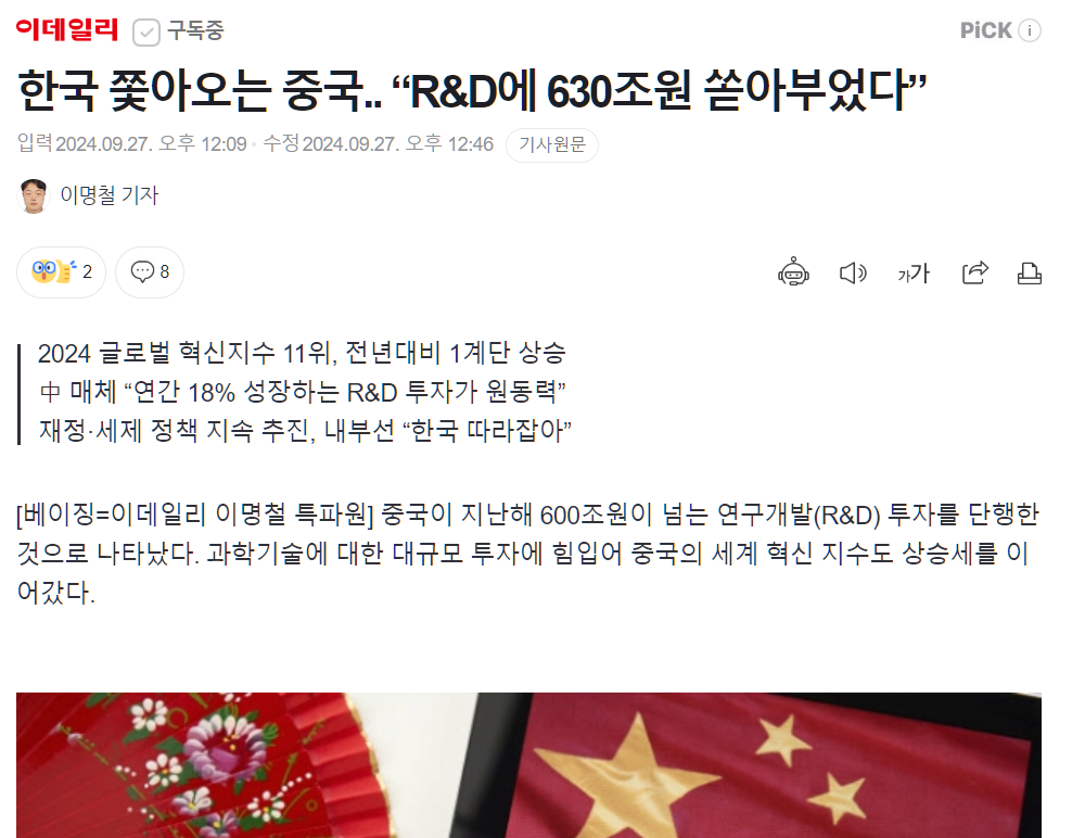 한국 쫓아오는 중국.. “R&D에 630조원 쏟아부었다”