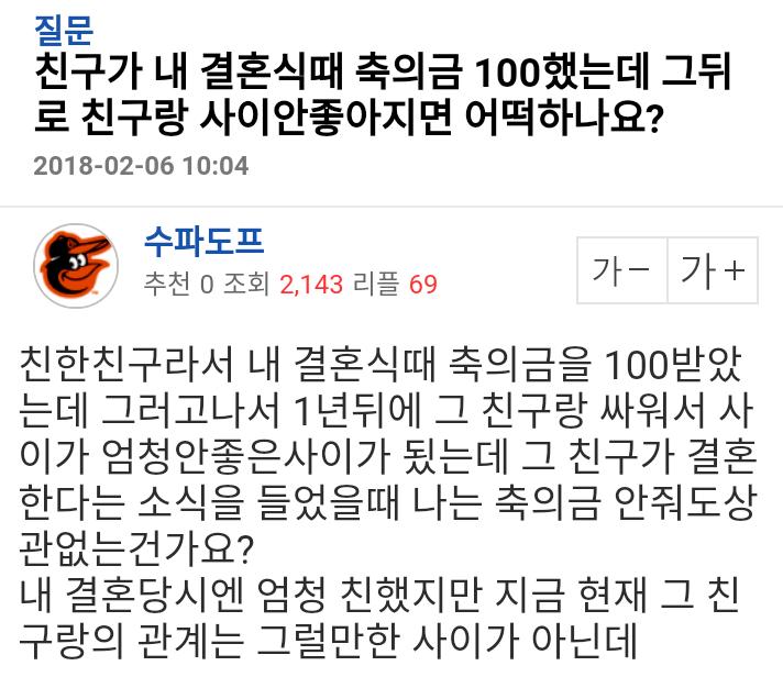 친구가 내 결혼식때 축의금 100했는데..