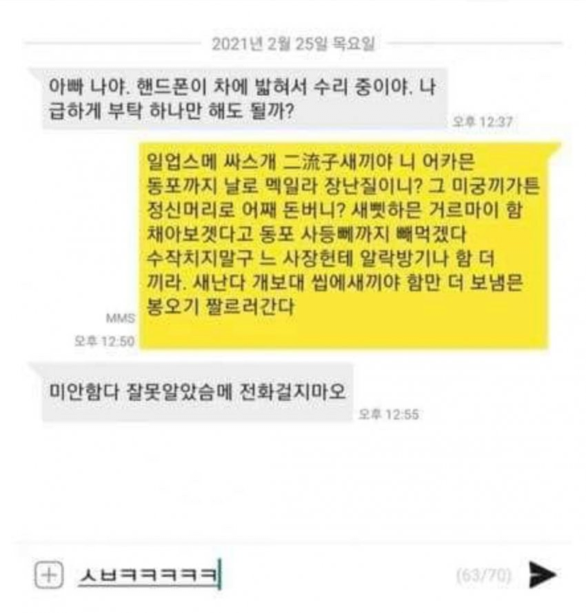 조선족도 당황한 미러링 문자..