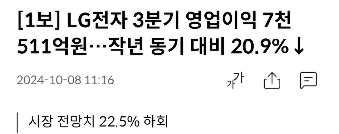 [1보] LG전자 3분기 영업이익 7천511억원…작년 동기 대비 20.9% 하락