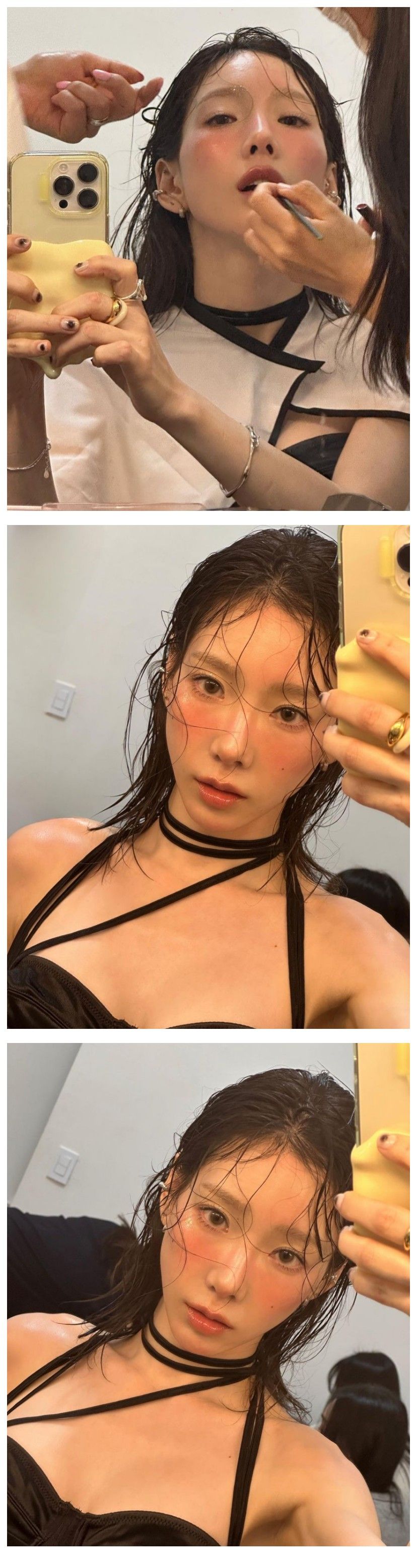 촉촉한 메이크업의 태연 검정 란제리룩