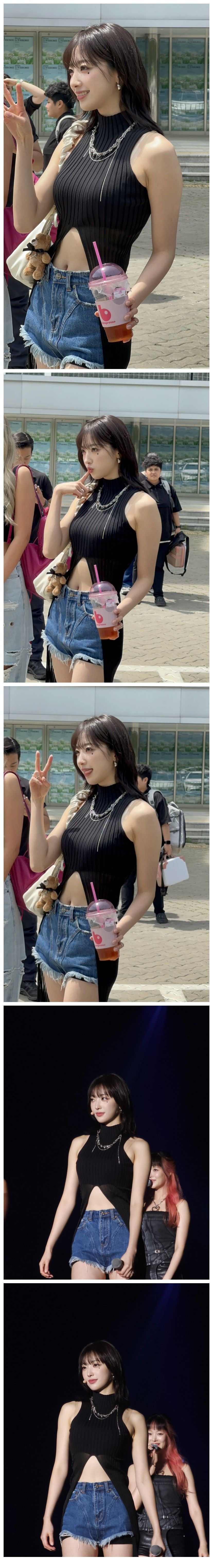 배꼽이 드러난 골지 민소매 + 청핫팬츠 기럭지 하이키 리이나