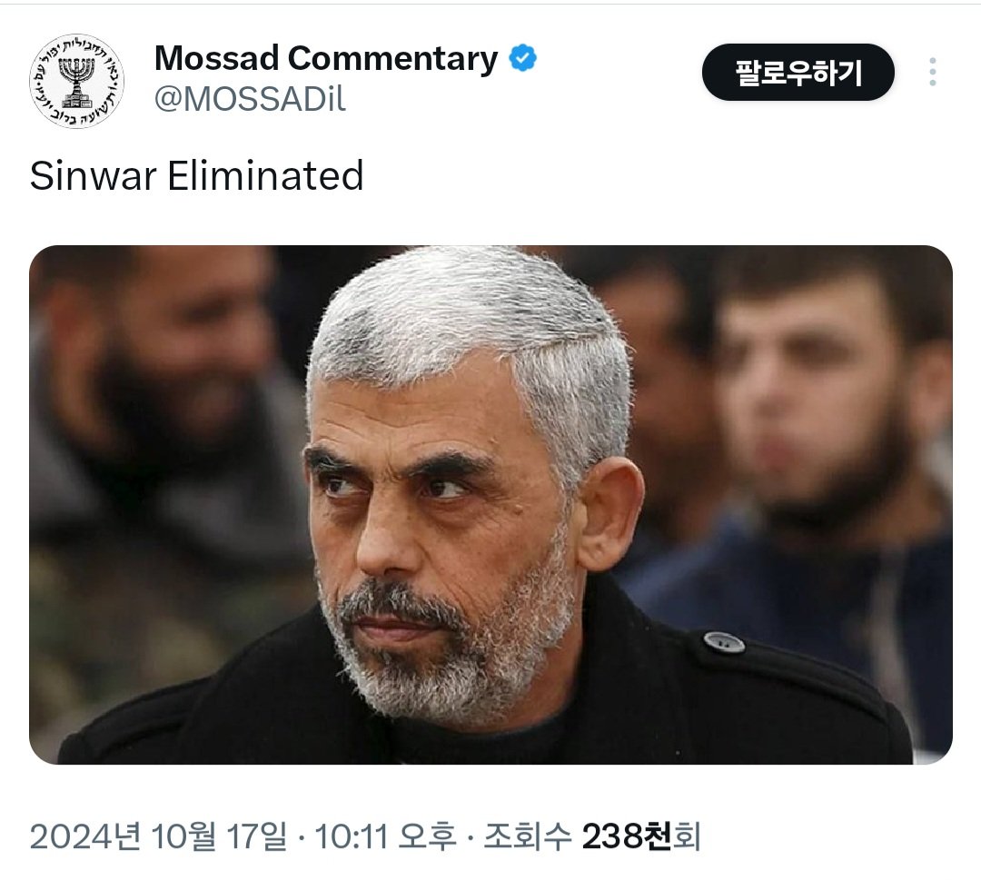 [속보] 하마스 지도자 신와르 사망