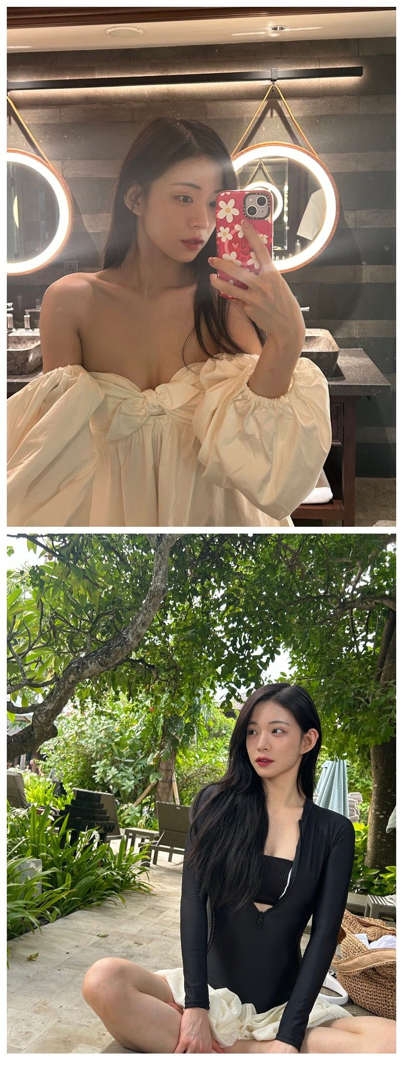 프로미스나인 이채영 휴양지에서 시원한 화이트 리본룩