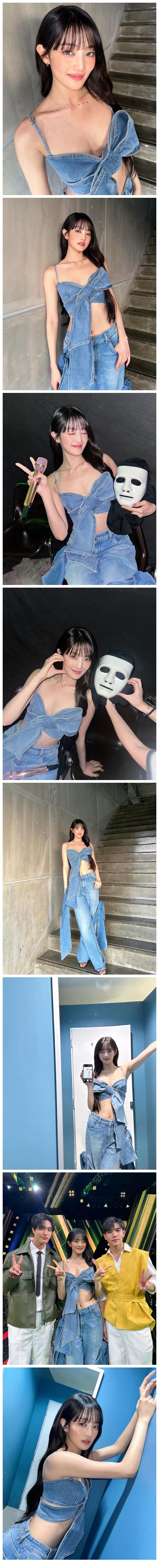 아이들 민니 데님 탱크탑 몽실 가슴골 + 잘록한 허리배꼽