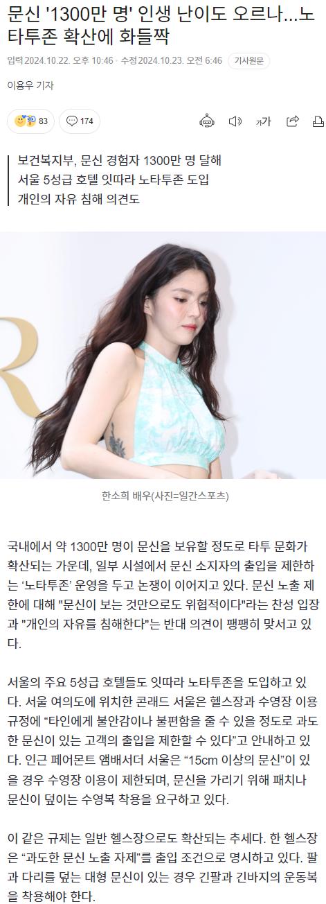 국내 문신인구 1300만명...'노 타투존' 확산.news