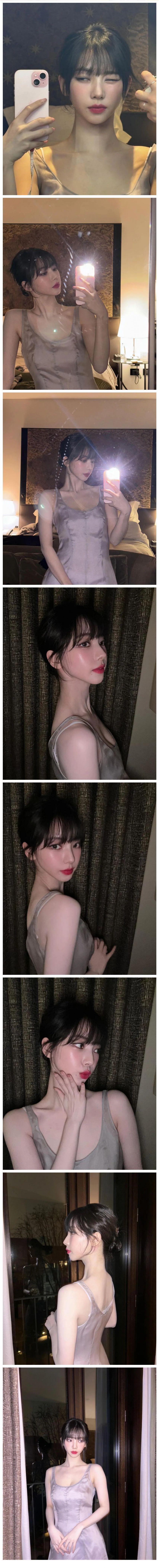 호텔에서 셀카 찍는 에스파 카리나 실크슬립