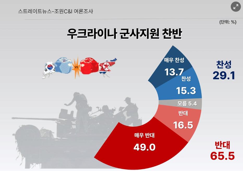 "우크라이나에 살상 무기 지원 반대, 65.5%"