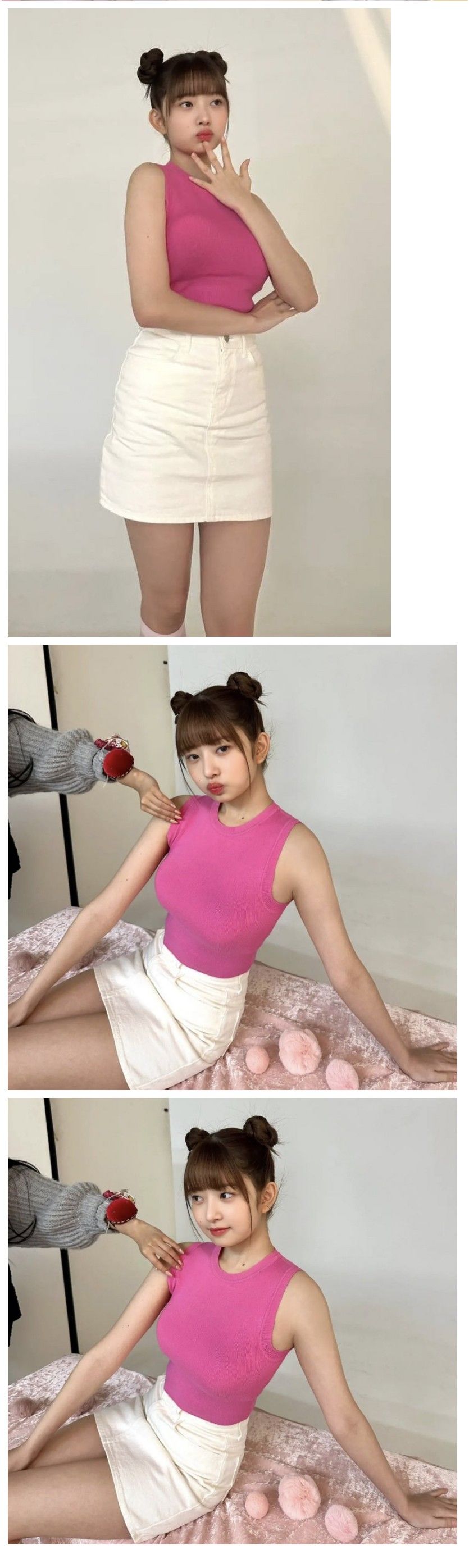 봉긋한 핫핑크 민소매 + 흰 초미니 허벅지 아이브 뿌까머리 레이