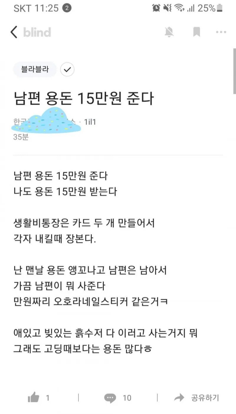 남편 용돈 15만원 준다는 블라녀