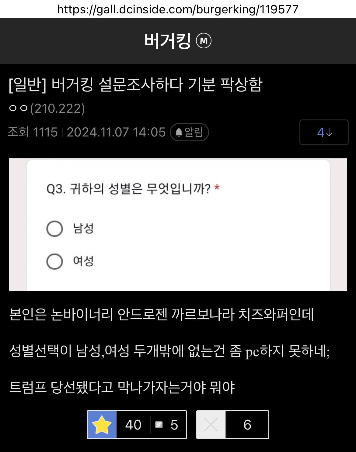 버거킹 설문조사하다 짜친 디씨인 ㄷㄷ
