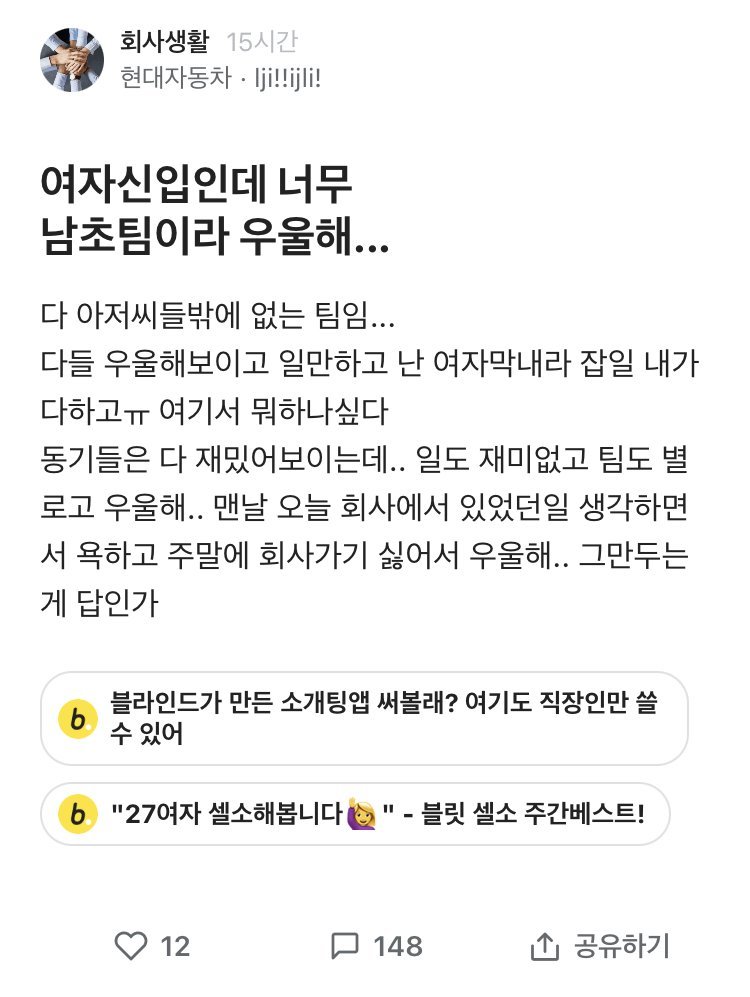 남초라서 우울하다는 블라 현대차녀...