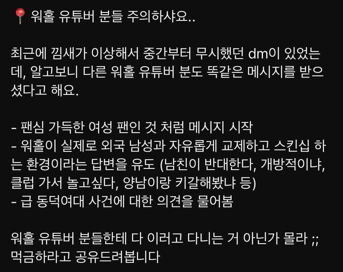 요즘 여자 워홀유튜버한테 온다는 DM