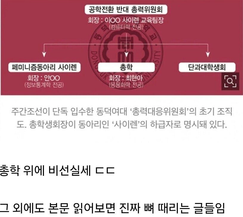 밝혀진 동덕여대 공학 반대 총력위 조직도