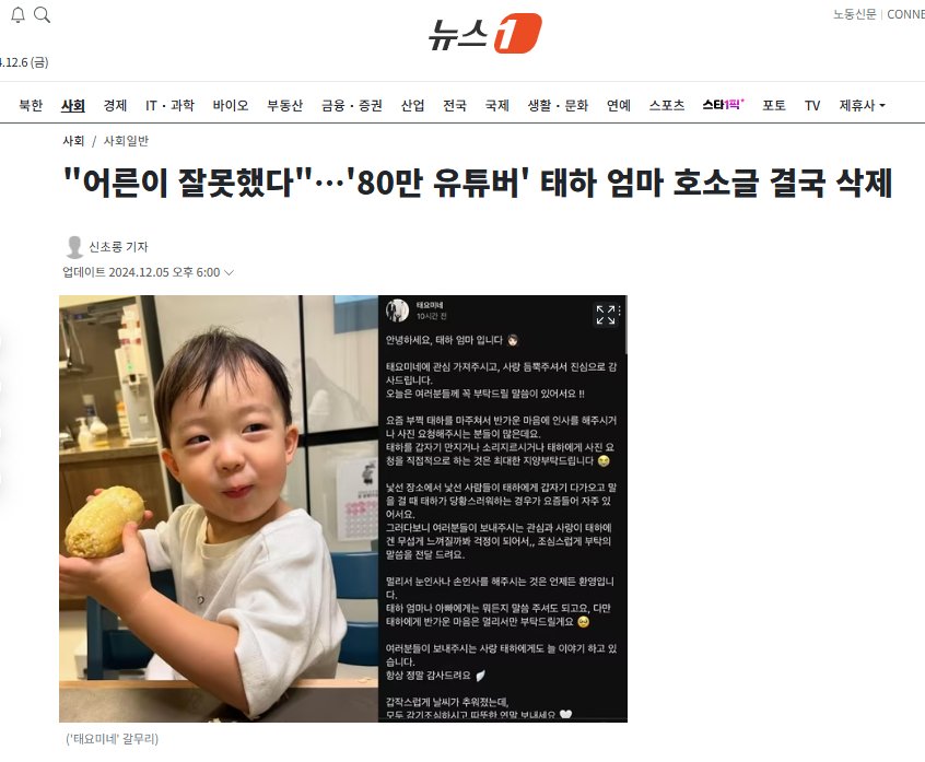 "어른이 잘못했다"…'80만 유튜버' 태하 엄마 호소글 결국 삭제