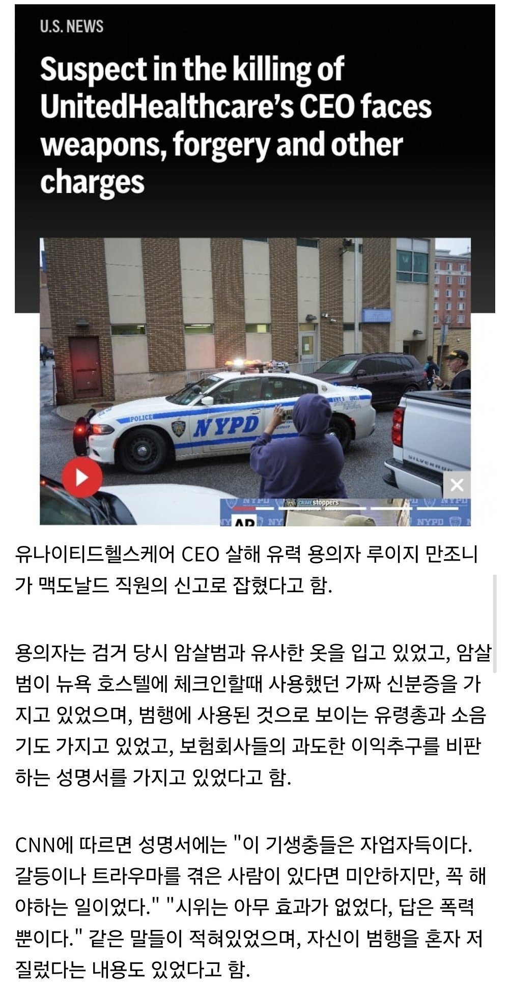 보험사 CEO 암살범 범행 이유 추측
