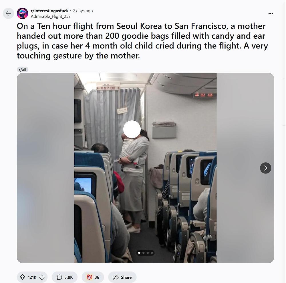 레딧에 올라온 비행기에 4개월 아기 데리고 탑승한 한국맘