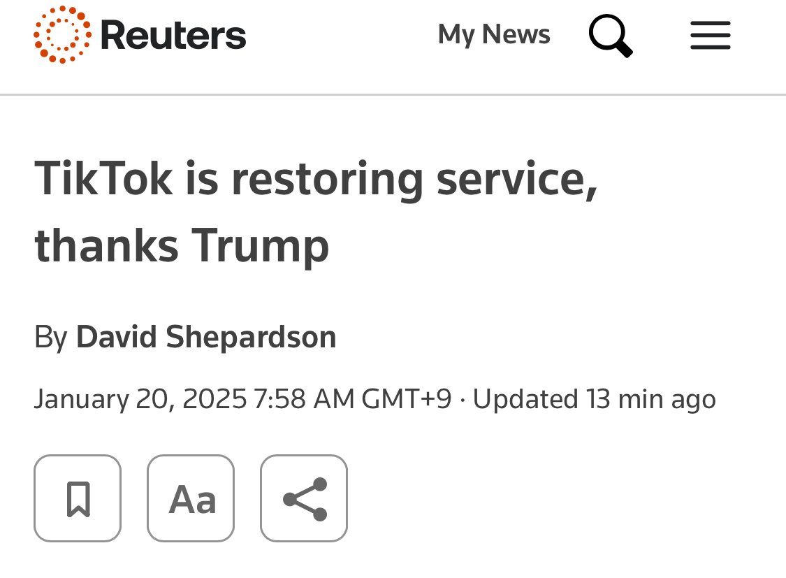 [로이터] 틱톡 미국 내 서비스 재개