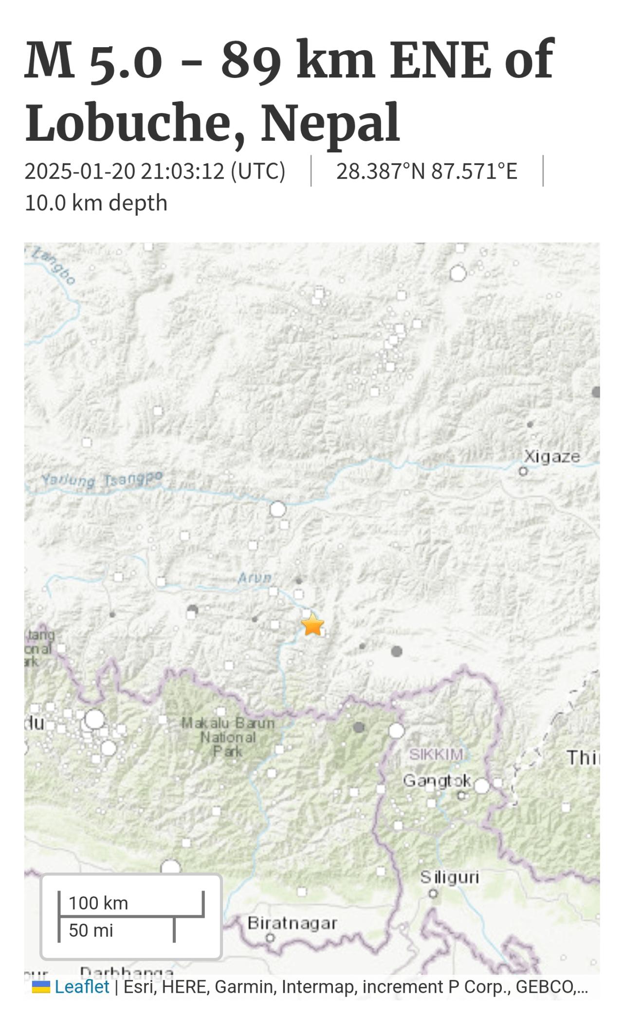 [지진 소식] 네팔 로부쉬 인근 89km 규모 5.0 지진 발생