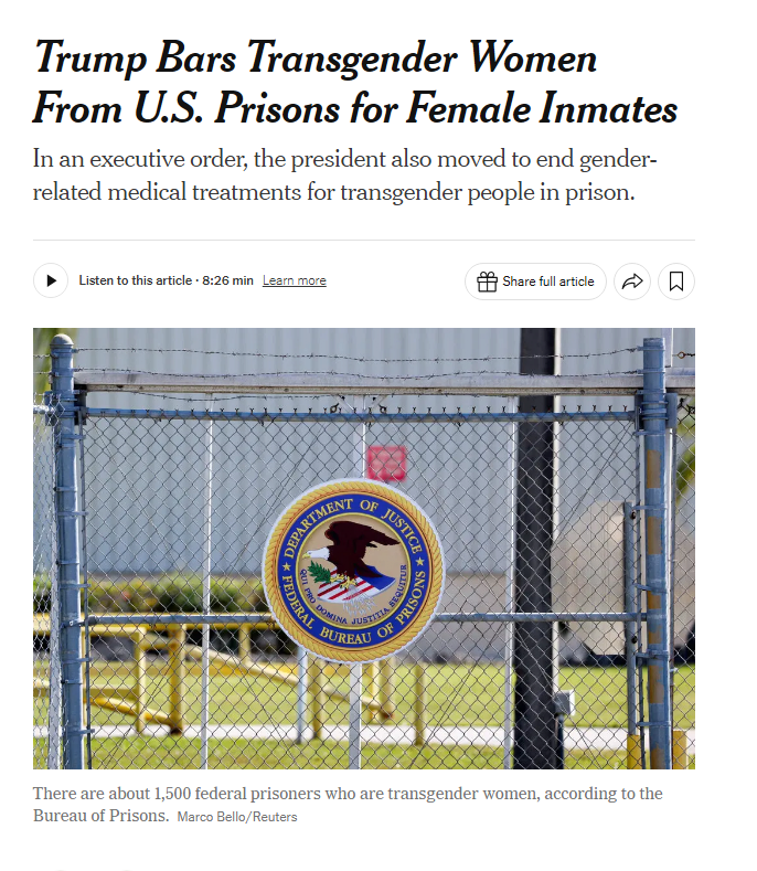 트럼프, 여성교도소에 트랜스젠더여성 수감 금지