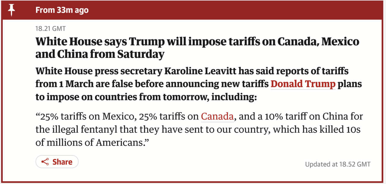 속보) 트럼프 예고대로 내일부터 멕시코, 캐나다에 25%, 중국에 10% 관세 부가하기로