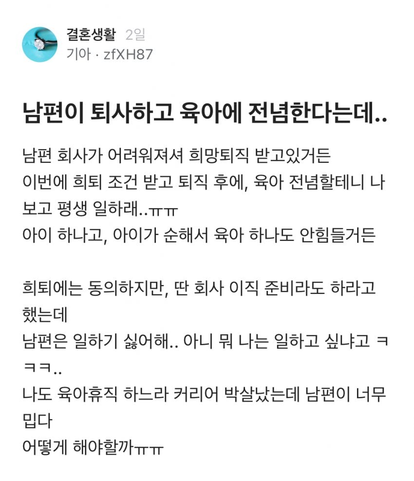 전업주부 하고 싶다는 남편에 화난 여자들.blind