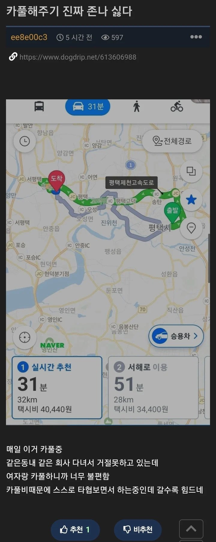 카풀비 45만원 받아도 카풀 싫다는 사람.