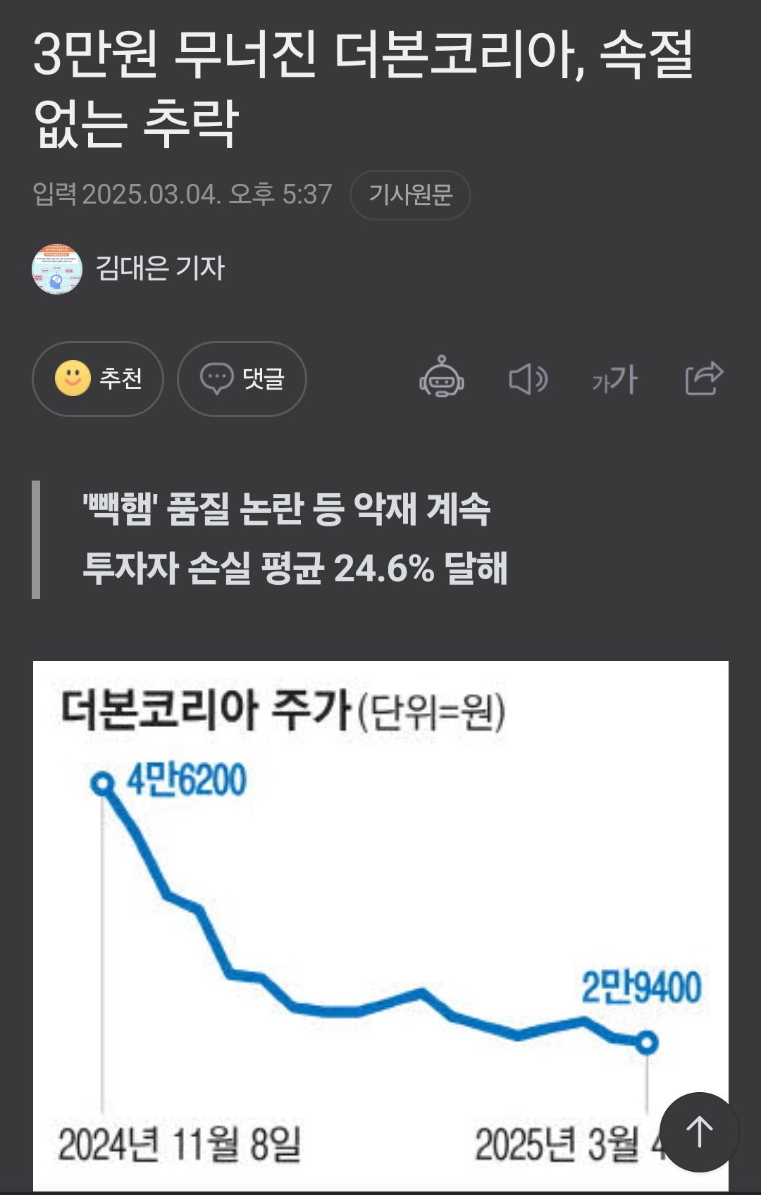 오늘자 백종원 주식 근황
