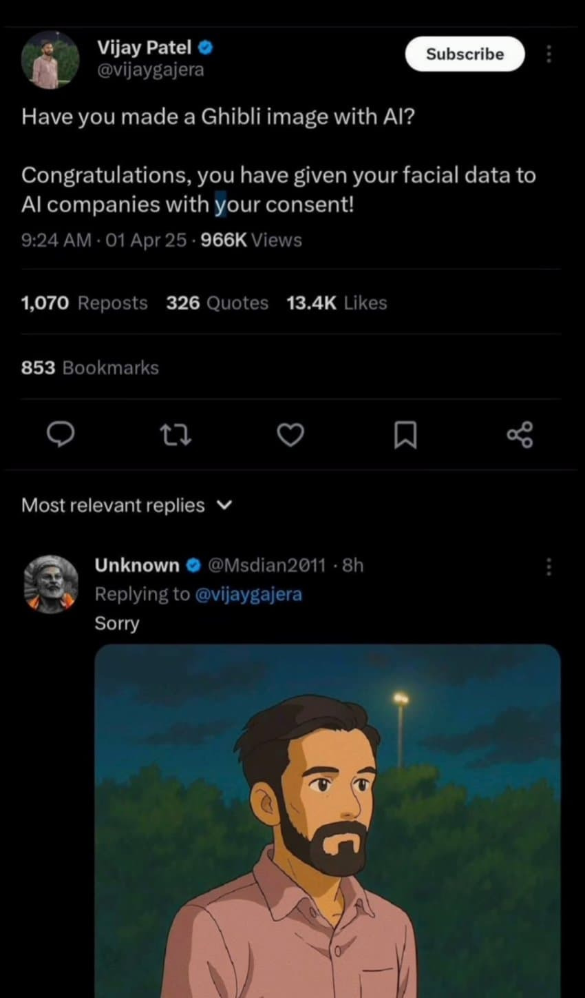 지브리 만들면 안면 데이터 넘기는 거라고 경고하는 인도인