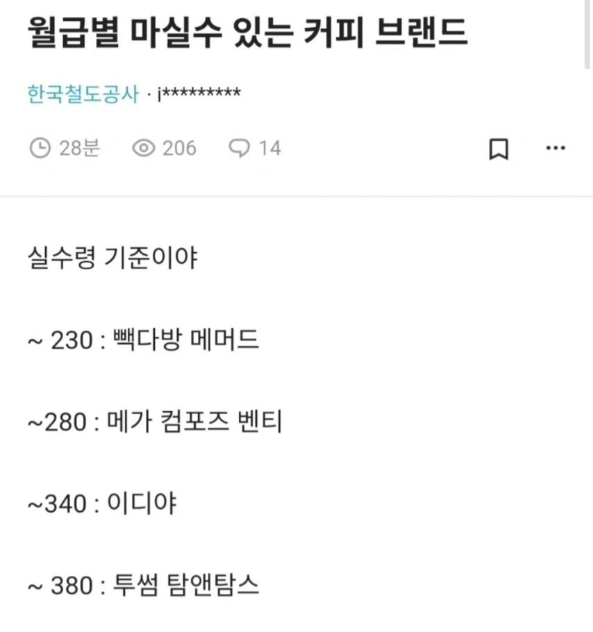 월급 실수령 기준 마실 수 있는 커피 브랜드