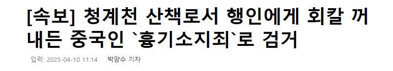 [속보] 청계천 산책로서 행인에게 회칼 꺼내든 중국인 `흉기소지죄`로 검거