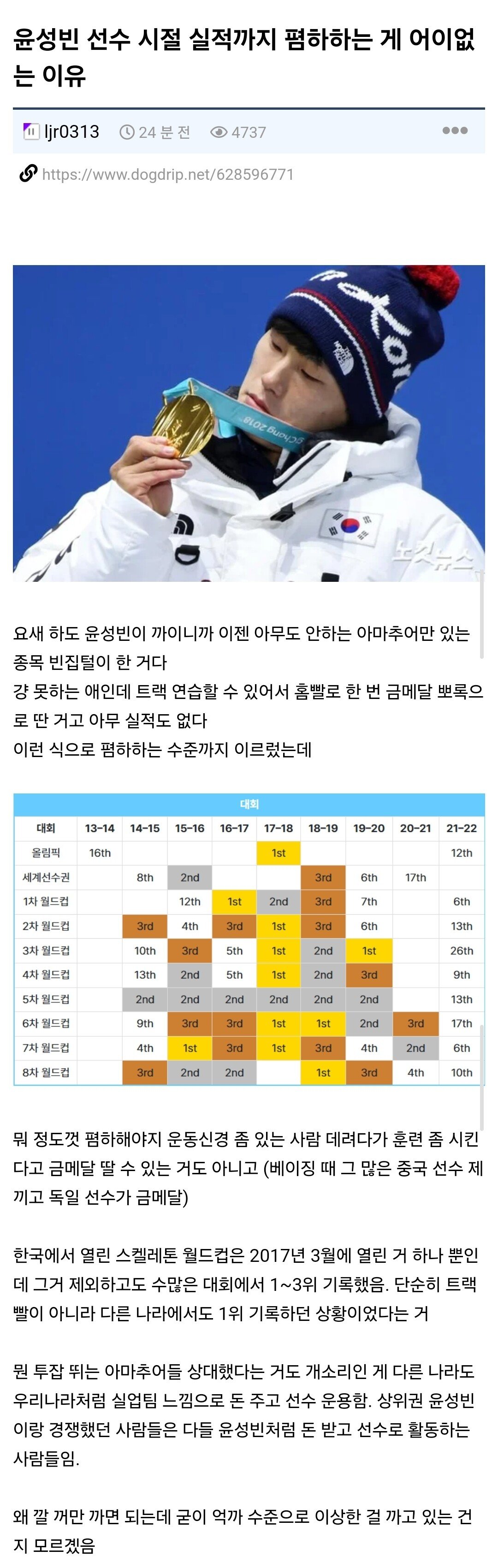 윤성빈 선수시절 업적까지 까지말라는 개붕이