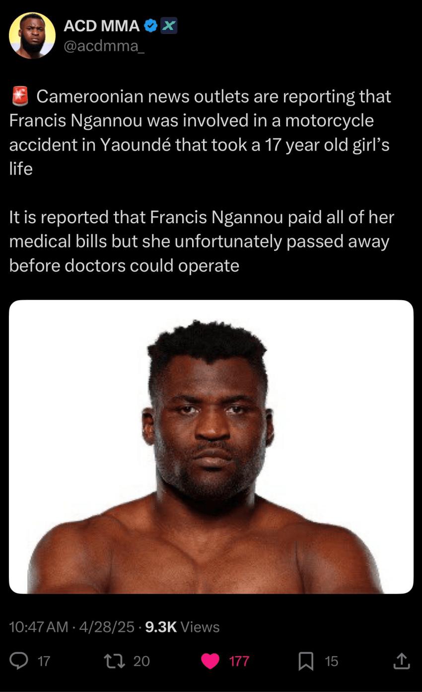 전 UFC 은가누 오토바이 사고로 17세 소녀죽음