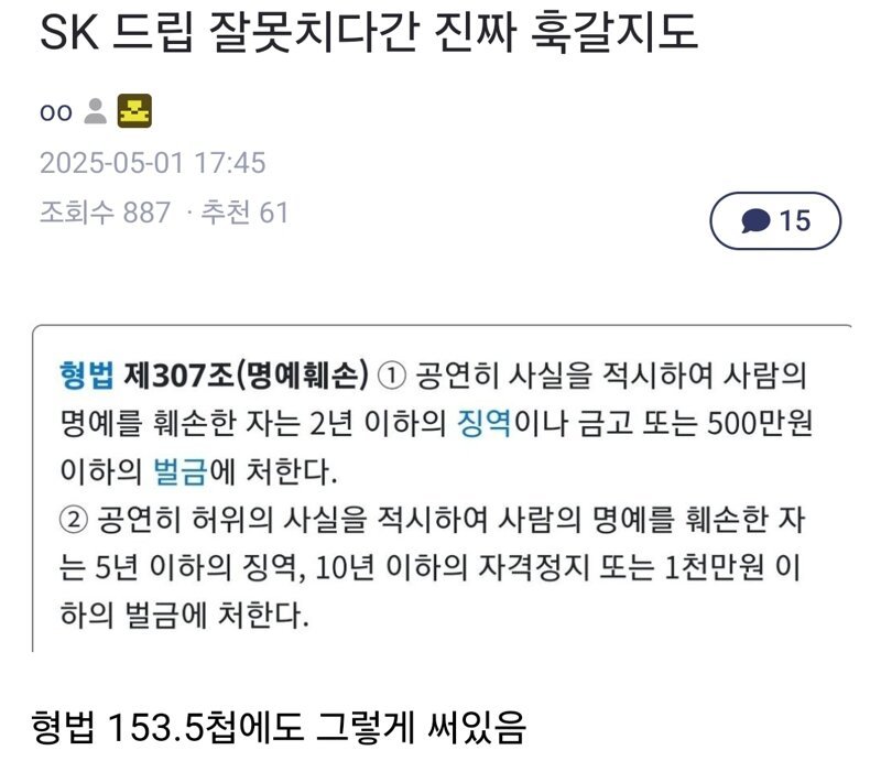 님들 sk드립 조심해서 치셈