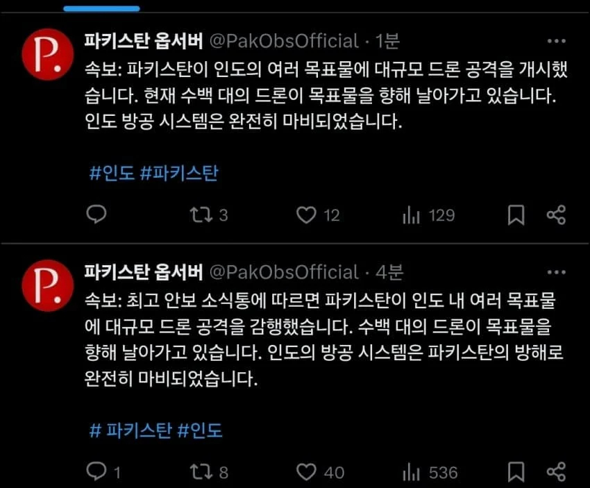 [속보] 파키스탄 대규모 드론 공습으로 인도 방공망 무력화